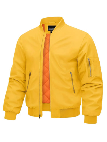Yellow bomber jacket with orange quilted lining on a white background